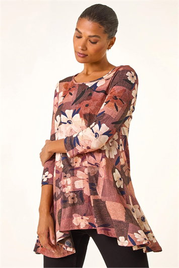 Brown Floral Print Hanky Hem Stretch Top