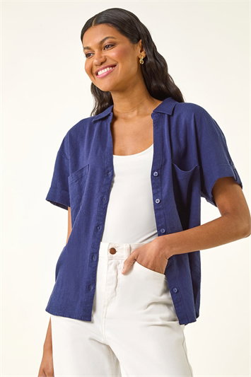 Blue Linen Blend Collared Shirt