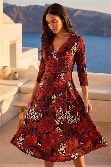 Leaf Print Wrap Midi Stretch Dress 14635764