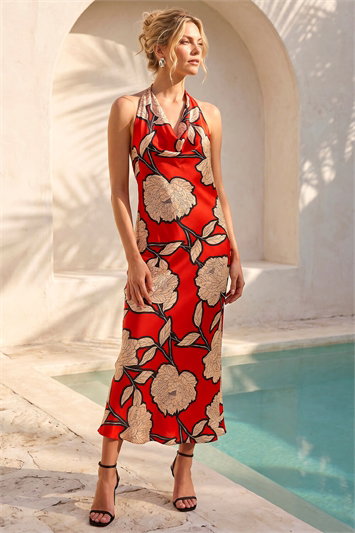 Orange Floral Print Satin Bias Cut Bodycon Dress