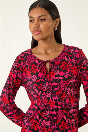 Pink Floral Tie Neck Top