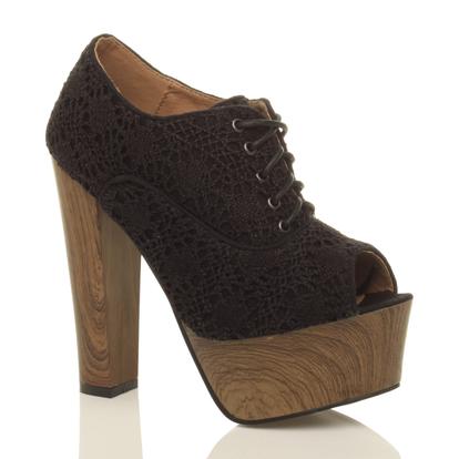 Black High Heel Crochet Lace Up Platform Peep Toe Shoe Boots