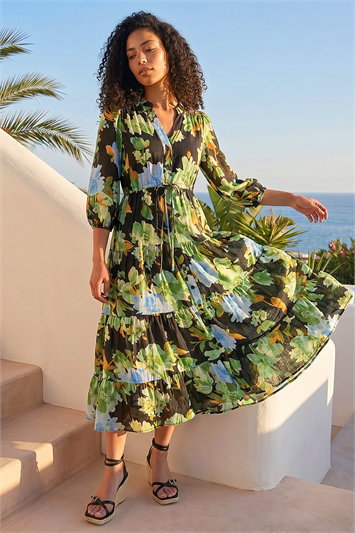 Green Floral Tiered Button Midi Dress