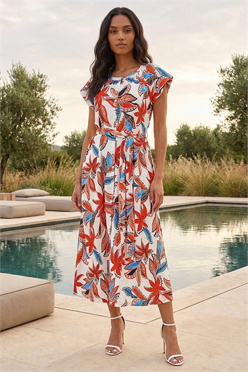 Orange Leaf Print Belted Midi Dress