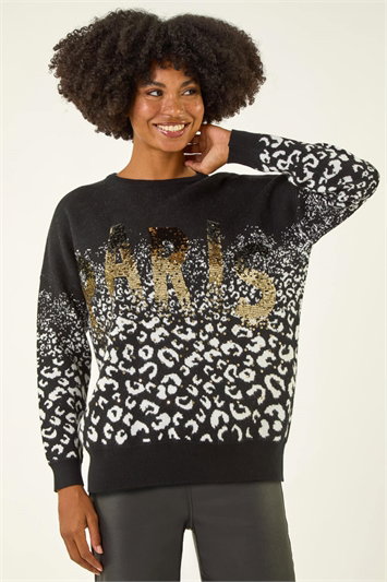 Black Paris Sequin Animal Knit Jumper