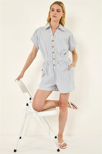 Blue Stripe Print Front Pocket Playsuit