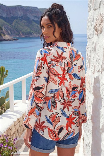 Leaf Print Pintuck V-Neck Top 20205864