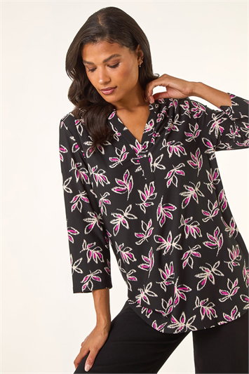 Black Abstract Print V-Neck Stretch Top