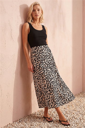 Cream Animal Print Jersey Midi Skirt