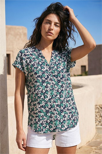 Green Textured Floral Print Top