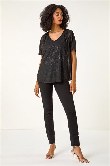 Glitter Mesh Overlay Tunic Stretch Top 19361908