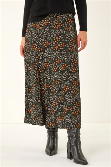 Orange Ditsy Floral Print Stretch Midi Skirt
