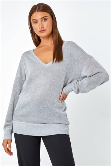 Metallic Relaxed Stretch Sparkly V-Neck Jumper
