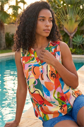 Multi Abstract Print V-Neck Button Top