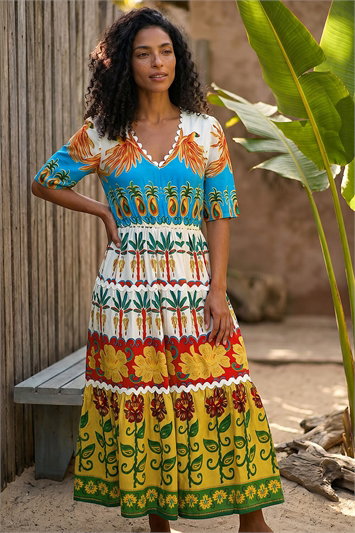 Red Tropical Print V-Neck Maxi Dress