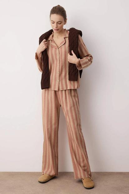 Multi Vertical Stripe Revere Collar Long Sleeve Cotton Flannel Pyjama Set