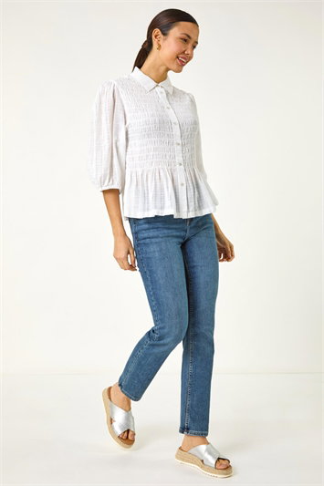 Collar Shirred Button Up Blouse 10140738
