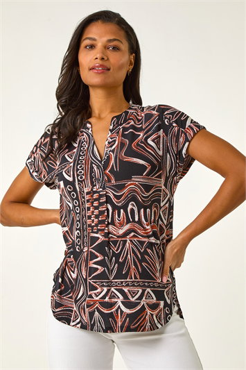 Red Textured Ikat Print Stretch Top