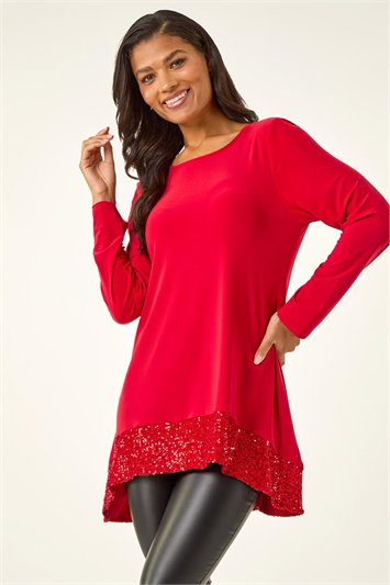 Red Sequin Hem Tunic Stretch Top