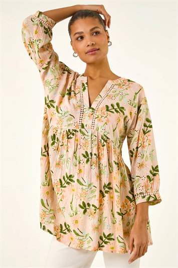 Cream Floral Broderie Trim Tunic Top