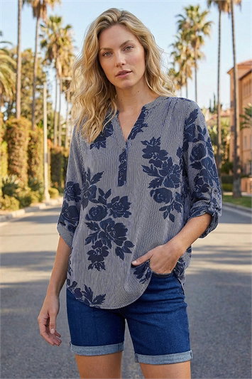 Blue Stripe Floral Print Stretch Shirt