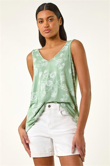 Green Paisley Print Stretch Cami Top