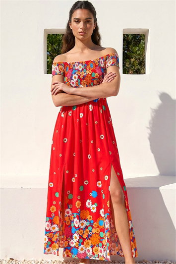 Floral Print Bardot Shirred Midi Dress 14851678