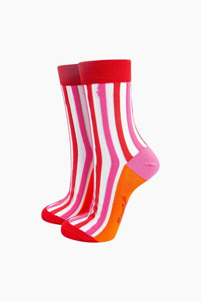 Multi Stripe Sheer And Combed Cotton In Red/Orange