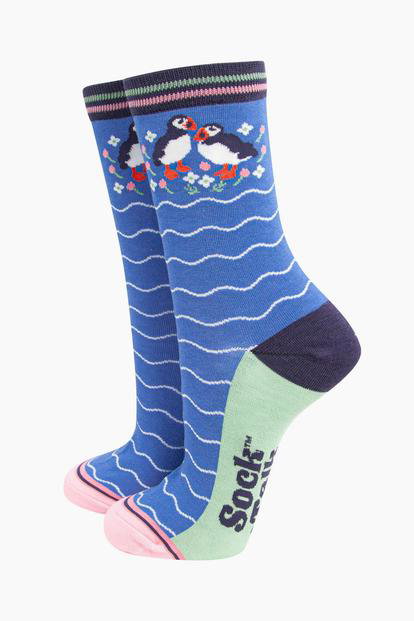 Blue Bamboo Socks - Blue, Puffins And Flowers