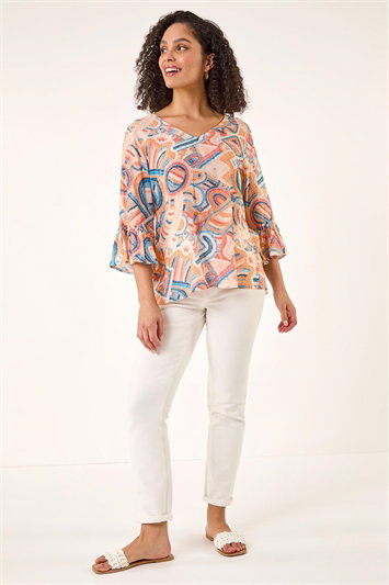 Geometric Print Flute Sleeve Top 20245264
