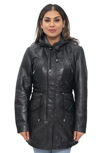 Black Leather Hooded Parka Jacket-Bucharest