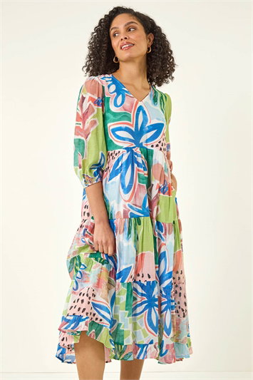 Blue Abstract Print Tiered Dress