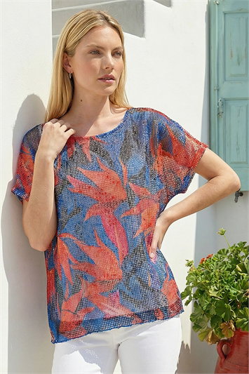 Orange Leaf Print Mesh Overlay Top
