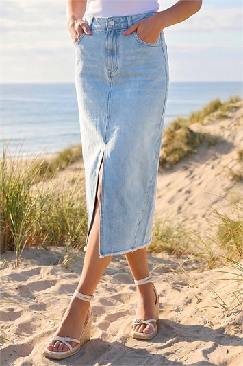 Blue Light Wash Midi Skirt