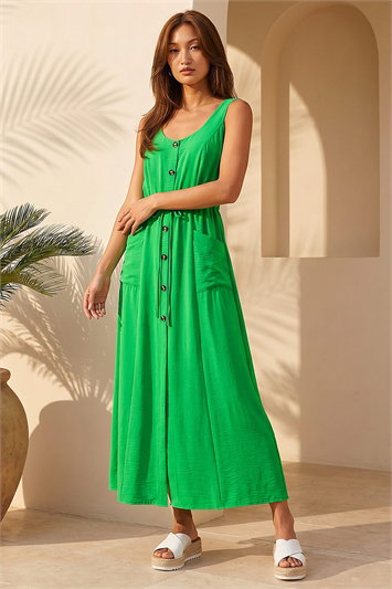Green Buttoned Tie Waist Midi Dress