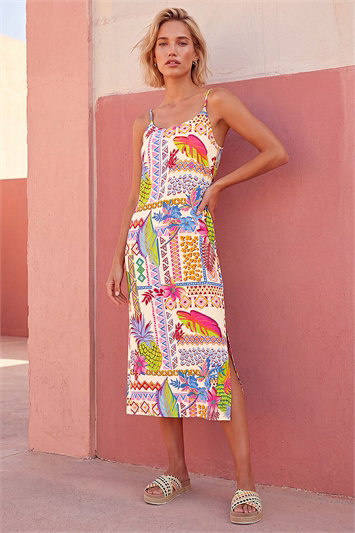 White Pineapple Print Strappy Midi Dress