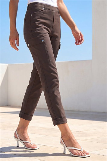Brown Turn Up Stretch Cargo Trousers