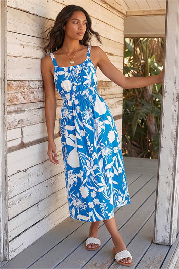 Blue Shirred Waist Strappy Midi Dress