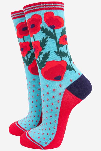 Blue Poppy Flowers Bamboo Socks - Blue