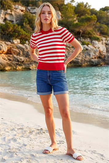 Red Stripe Pointelle Knit Top