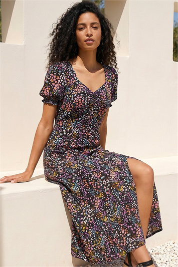 Black Ditsy Floral Sweetheart Neck Midi Dress