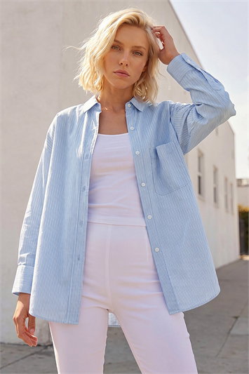 Blue Petite Stripe Buttoned Pocket Shirt