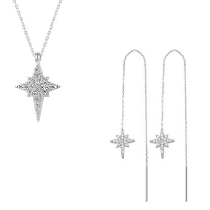 Metallic Northern Star Polaris Sterling Silver Necklace And Drop Chain Earring Set
