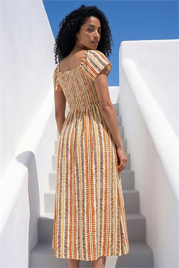 Abstract Stripe Shirred Midi Dress 14872264