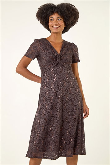 Brown Sequin Lace Twist Front Midi Dress