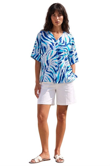Blue Print Pleated Tunic Top