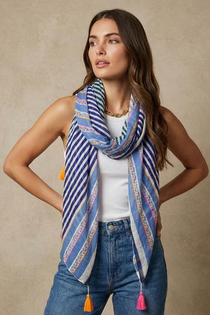 Blue Striped Lightweight Cotton Scarf In Blue