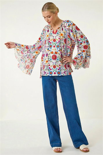 Pink Tie Front Floral Print Top