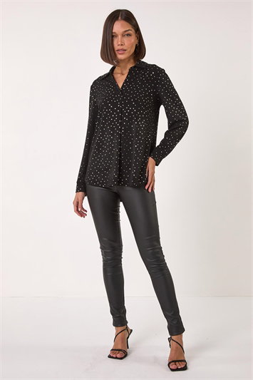 Heart Print Foil Collar Stretch Top 19352233