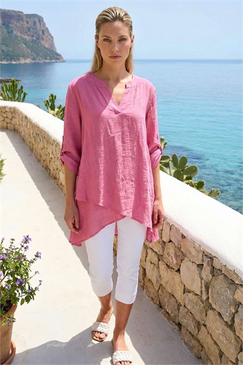 Pink V-Neck Wrap Hem Tunic Top